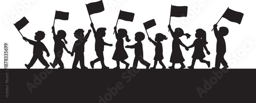 Silhouette of children holding black flags walking in a line