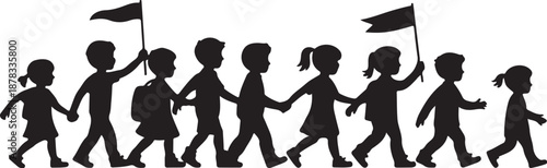 Silhouette of children holding flags and walking in a line