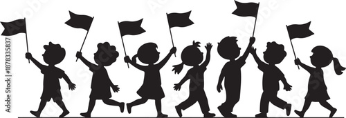 Silhouette of children marching with black flags