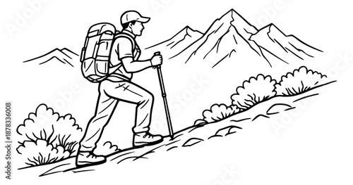 Line art illustration of a hiker depicting a man hiking uphill for outdoor adventure concepts