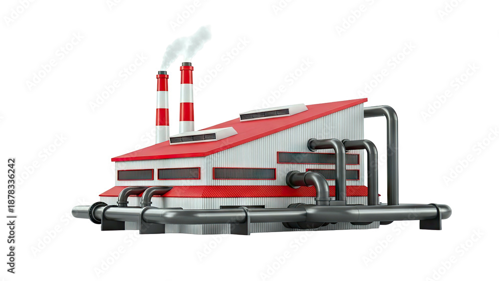 Fototapeta premium Cartoon Industrial Factory Building with Smoking Chimneys and Pipes