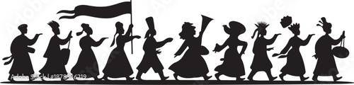 Silhouette of diverse people marching with flags and instruments