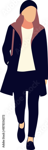 A woman wearing a cap and a casual outfit  walking alone