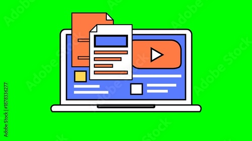 2d animation of digital workspace with documents and web elements on laptop screen