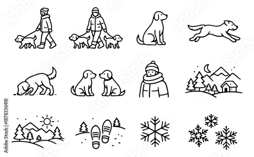 Hand drawn line art winter dogs and scenes icon set featuring people walking dogs, various dog poses, winter landscapes, and snowflakes for outdoor adventures and cold weather