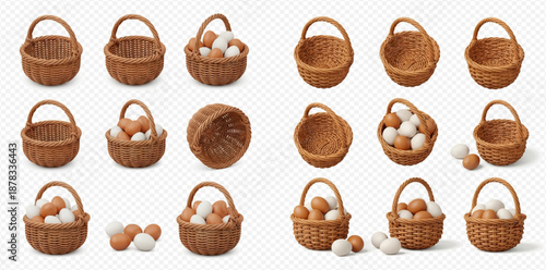 Set of realistic wicker baskets with chicken eggs, brown and white, on transparent background.