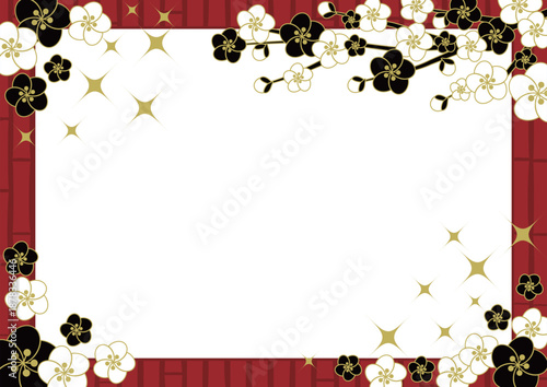 梅と竹垣、赤、フレームイラスト、かわいい、シンプル、横