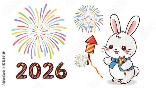 A white rabbit holds a kite amidst colorful fireworks in 2026 celebration