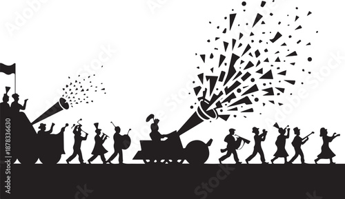 Silhouette of marching band playing instruments with confetti