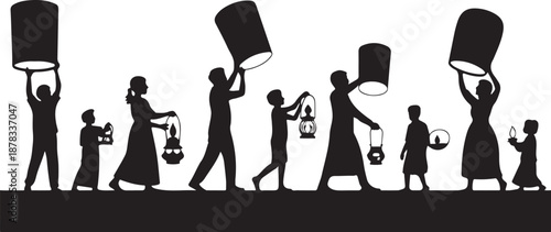 Silhouette of people carrying lanterns and large containers
