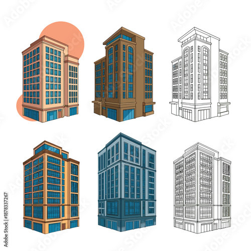 Set of six multi-story building illustrations shown from a perspective view, presented in various color schemes and a black and white outline version.