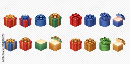 Set of colorful 3D isometric gift boxes with ribbons, open and closed presents for celebrations and holidays.