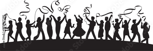 Silhouette of people holding and waving ribbons group