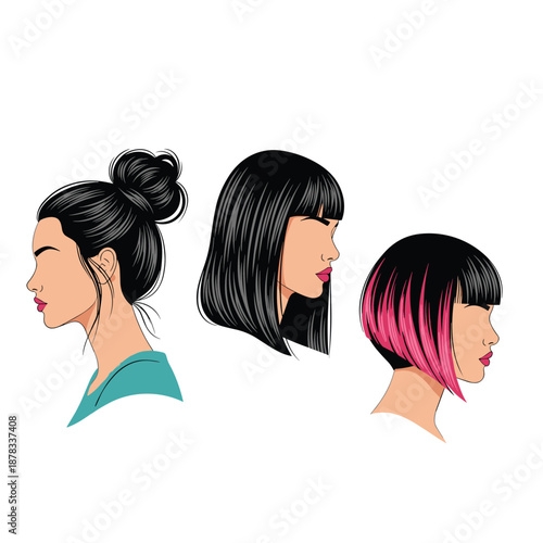 Set of three stylish female portraits in profile, featuring modern haircuts including a top knot bun, a sleek bob, and a pink-highlighted pixie cut.