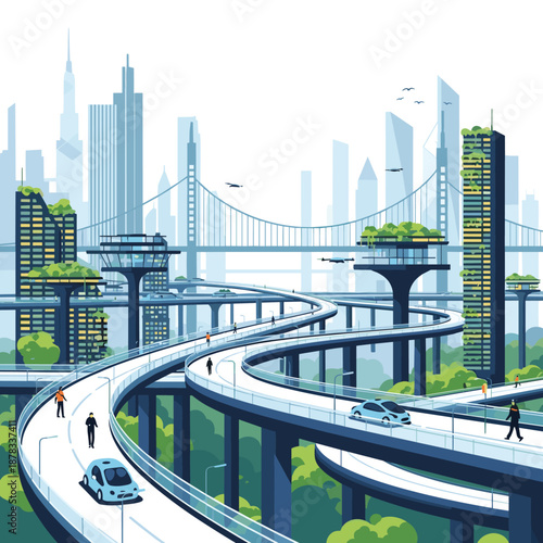 Futuristic city landscape with eco-friendly buildings, elevated highways with autonomous cars, and lush greenery integrated into the urban design.