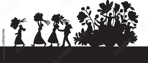 Silhouette of people holding flowers and dancing in a garden