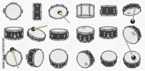 Set of snare drums in various angles and perspectives, with drumsticks, on a transparent background.