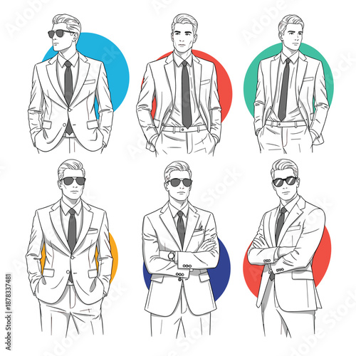 Set of six line art illustrations of a handsome man in a suit and sunglasses, striking various confident poses against colorful circular backgrounds.
