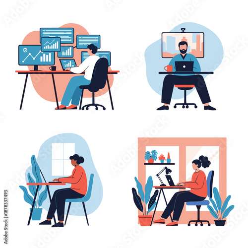 Set of four illustrations showing diverse people working from home or in an office, featuring data analysis, video conferencing, and focused laptop use.