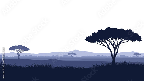 African savanna landscape silhouette with acacia trees and mountains
