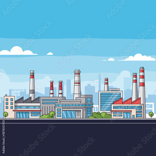 Illustration of a large industrial plant with multiple smokestacks against a city skyline, under a bright blue sky with a few clouds.