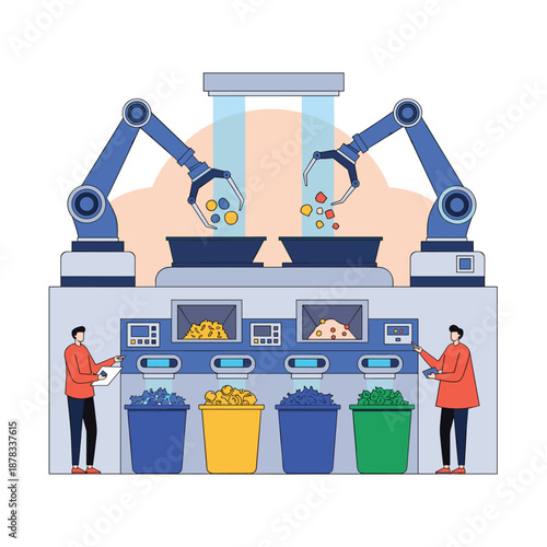 Illustration of a modern automated recycling or sorting facility with robotic arms, conveyor belts, and workers overseeing the efficient process.