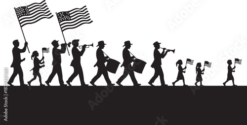 Silhouette of people marching with American flags and musical instruments
