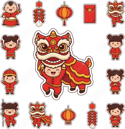 Cute Chinese Lion Dance Vector Illustration. Traditional lunar new year performance mascot isolate