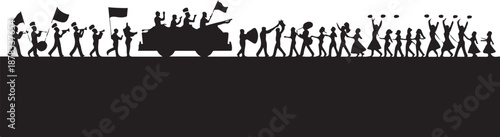 Silhouette of People Marching with Flags and a Vehicle