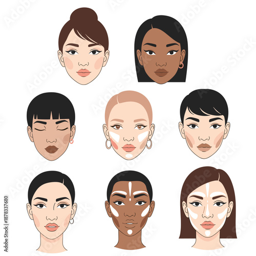 Diverse collection of eight female faces demonstrating facial contouring and highlighting makeup techniques for various skin tones and face shapes.