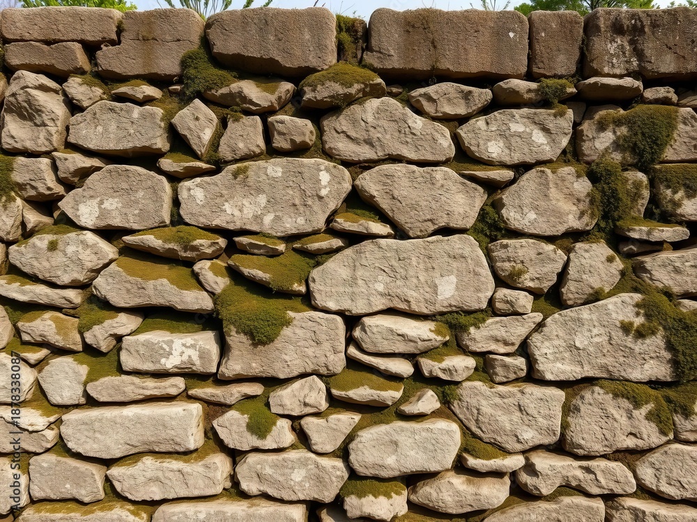 Fototapeta premium Old stone wall, weathered and moss-covered, evoking ancient structures and nature's embrace, rustic, rugged