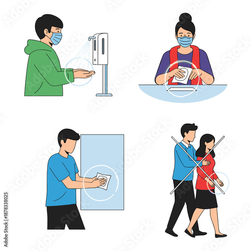 Set of four illustrations demonstrating hygiene and social distancing practices, such as using hand sanitizer, wiping surfaces, and avoiding physical contact.