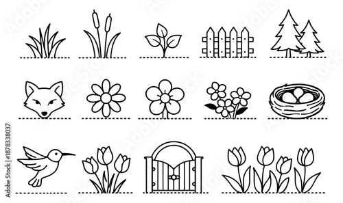 Hand drawn line art nature elements set featuring grass, flowers, animals, and garden objects for spring and outdoor designs