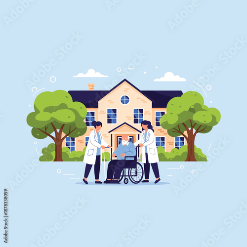 Two female nurses assisting an elderly man in a wheelchair outside of a nursing home or assisted living facility with large green trees.