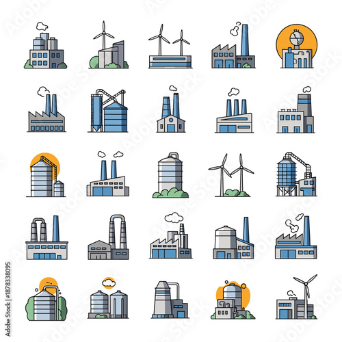 Set of twenty-four colorful line art icons representing various industrial buildings, factories, silos, and renewable energy sources like wind turbines.
