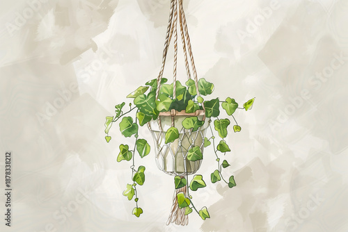 マクラメ編みで吊るされた観葉植物の水彩イラスト
