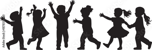 Silhouette of six children dancing and playing joyfully