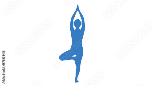 Blue silhouette of woman in Tree Pose on white background