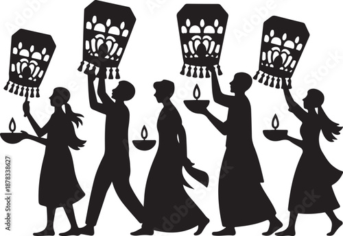 Silhouettes of people holding lanterns and oil lamps