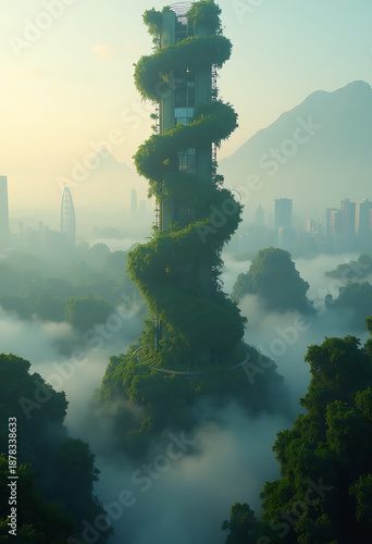 sci fi skyscraper in the shape of a dna helix, bio organic design with moss and vines, misty jungle city dawn 8k