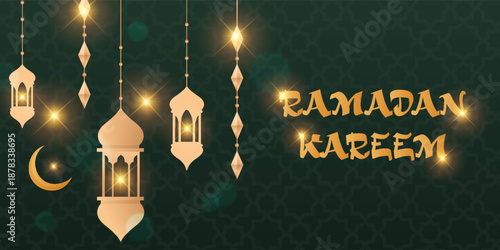 Ramadan Kareem design on green Islamic background with gold ornament star, moon, mosque, lanterns and islamic elements. Suitable for raya and ramadan template concept.