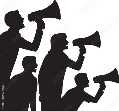 Silhouettes of people holding megaphones protest communication