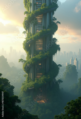 futuristic green architecture, dna helix skyscraper with moss and glowing vines, misty jungle city, 8k cinematic art