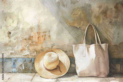 麦わら帽子とトートバッグの爽やかな水彩イラスト