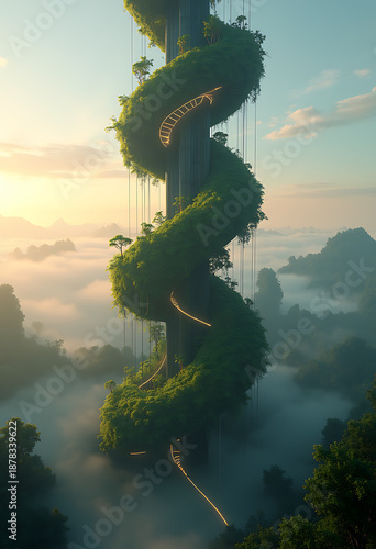 moss covered bio organic skyscraper, dna helix shape, misty jungle city at dawn, futuristic sci fi architecture 8k
