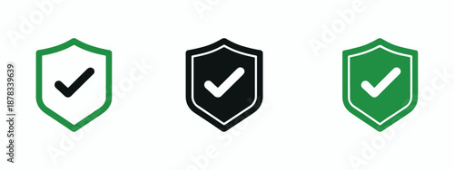 Shield check mark icon representing security protection and verified safety, green shield with tick symbol for trust and approval concept.