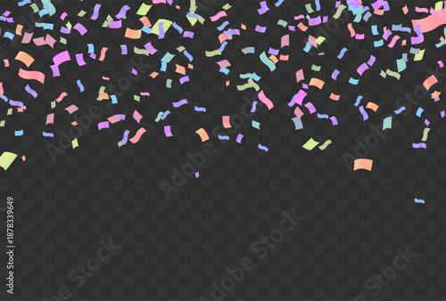 Colorful confetti falling on dark transparent background festive celebration banner party New Year 2026 Birthday energetic atmosphere high resolution vector