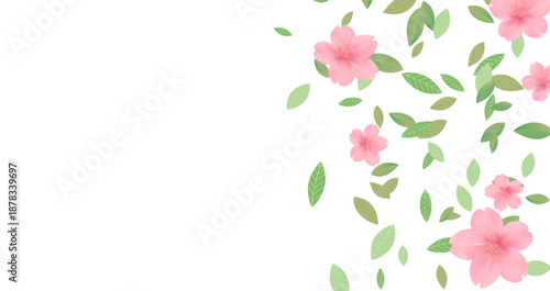 Pink cherry blossoms green leaves floating on white background copy space Ideal for wedding invitations spring floral banners High resolution illustration