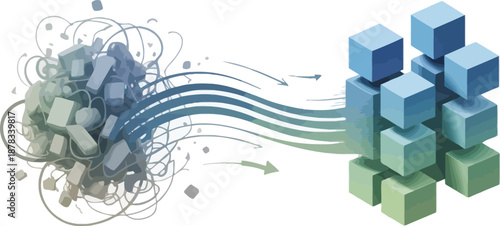 A 3d illustration of blue and green cubes with swirling lines and arrows on a gray background with a dynamic composition.