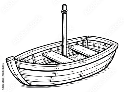 Hand drawn line art illustration of a wooden rowboat depicting an empty vessel with a mast for nautical design